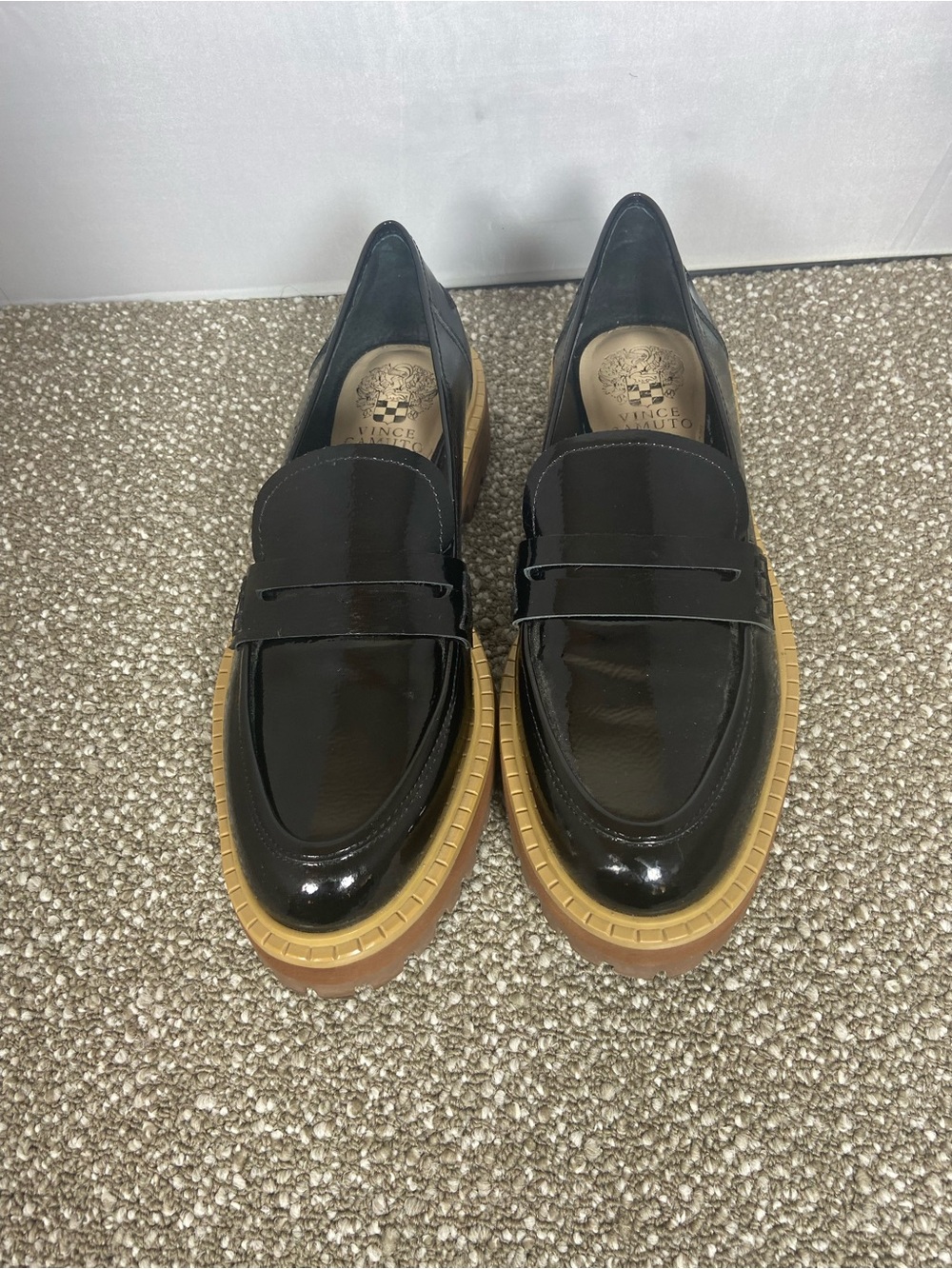 Vince Camaro Black Patent Leather Penny Loafers with Tan Platform Sole Size 8.5